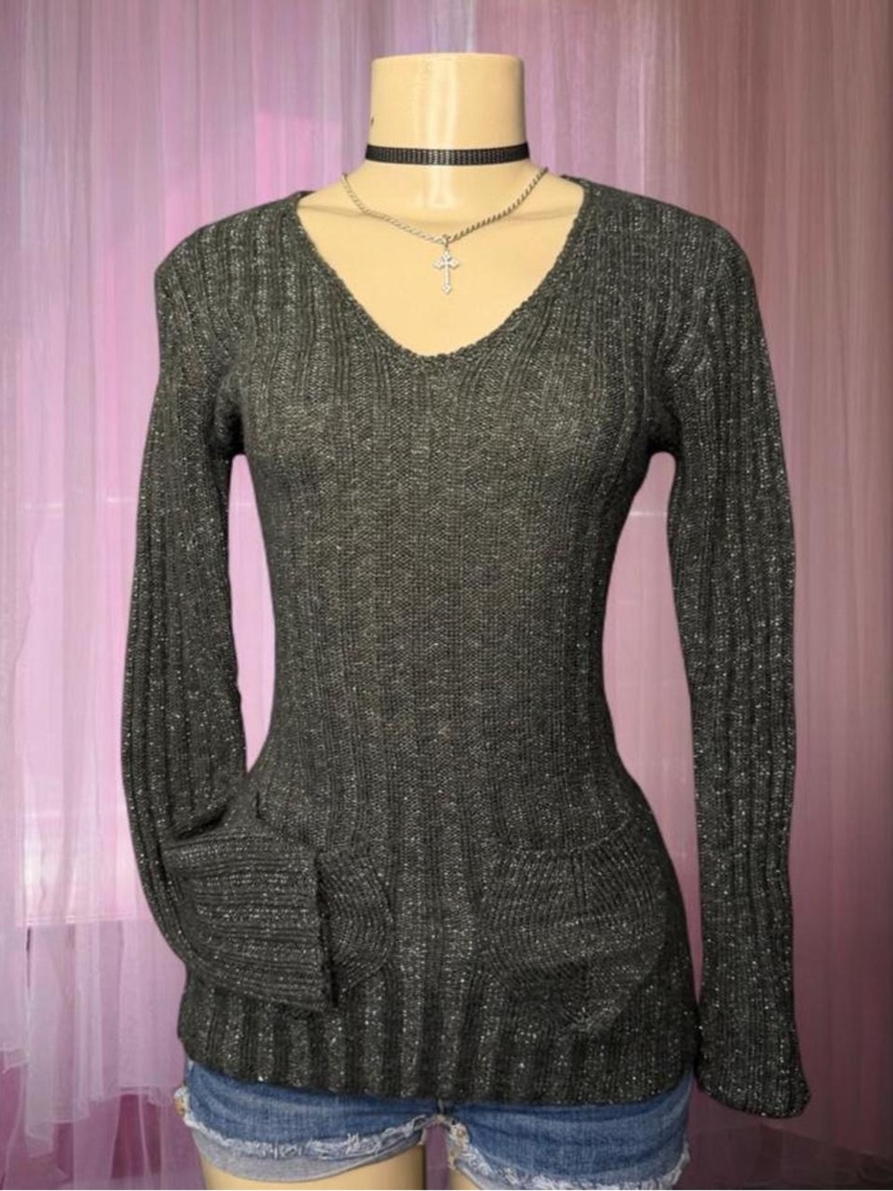 Y2K gray greenish shimmer knitted longsleeve sweater🧚🏻